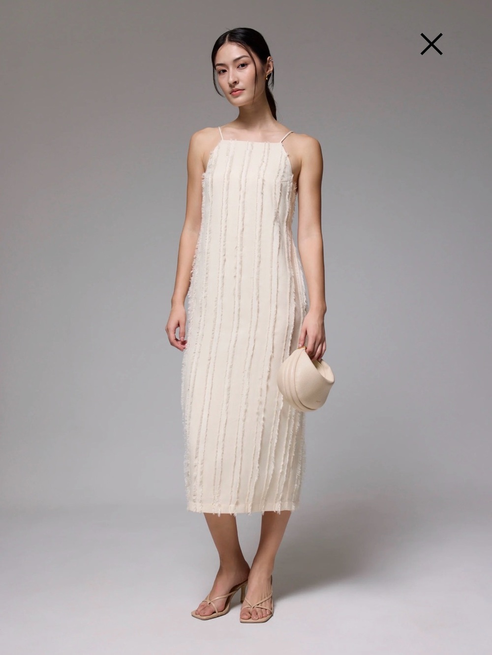 Sleeveless Cream Midi Dress with Subtle Vertical Texture